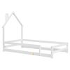 Twin Size Wood bed with House-shaped Headboard Floor bed with Fences,White