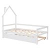 Twin Wooden Daybed with trundle, Twin House-Shaped Headboard bed with Guardrails,White
