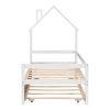 Twin Wooden Daybed with trundle, Twin House-Shaped Headboard bed with Guardrails,White