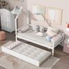Twin Wooden Daybed with trundle, Twin House-Shaped Headboard bed with Guardrails,White