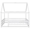 Full Size Floor Wooden Bed with House Roof Frame, Fence Guardrails ,White